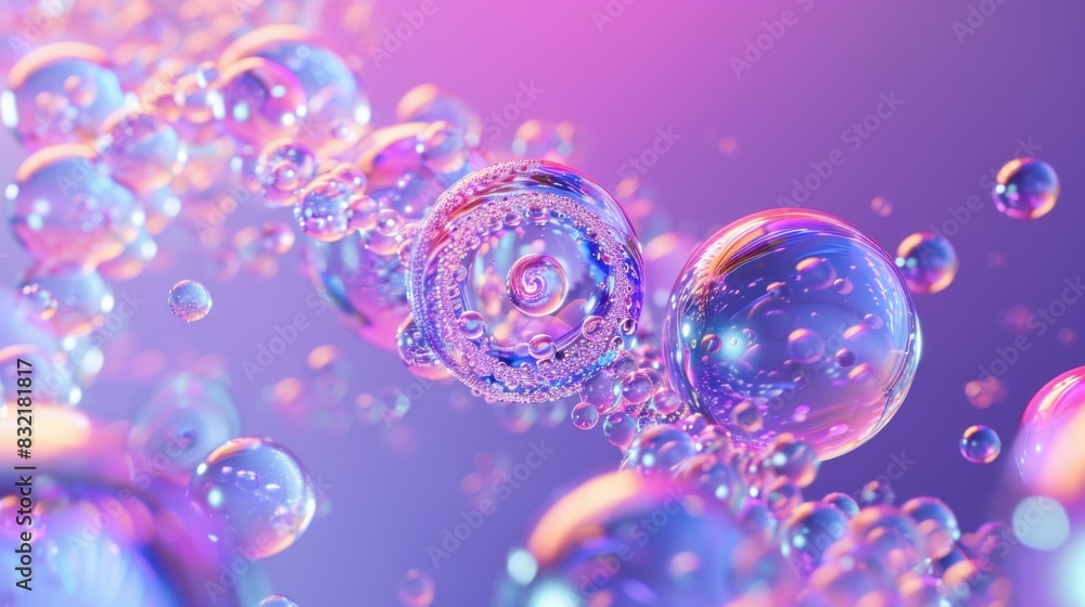 Colorful soap bubbles floating on purple background with pink and blue colors for beauty and art concept Colorful soap bubbles floating on purple background with pink and blue colors for beauty and art concept