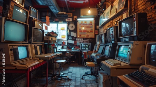 Oldschool 1990s internet cafe setup, CRT monitors and keyboards, high detail, nostalgic ambiance © tanapat