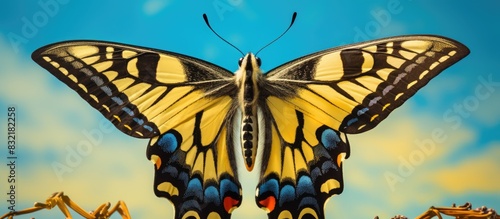 swallow tail butterfly machaon close up portrait macro. Creative banner. Copyspace image photo