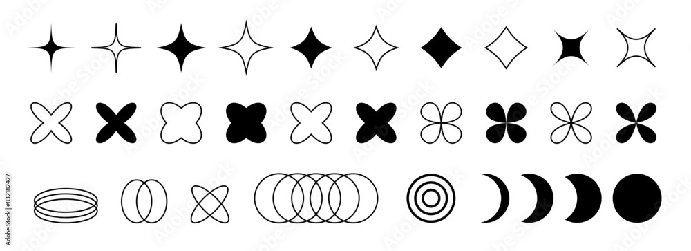 Fototapeta premium Y2k elements collection. Set geometric brutalism forms sticker In style graphic design y2k. Pack of black geometric shapes
