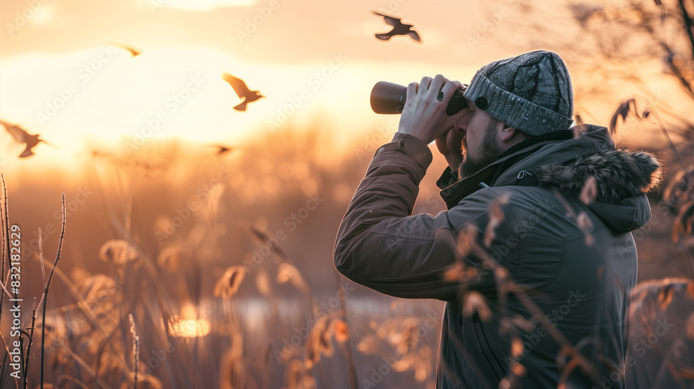 Obraz premium Male birdwatcher with birdwatching binoculars