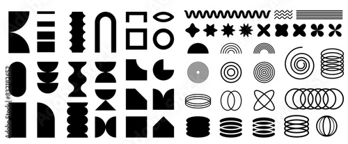 Abstract geometric shapes set. Simple primitive elements and forms. Brutalist geometric shapes, symbols. Retro design element collection PNG