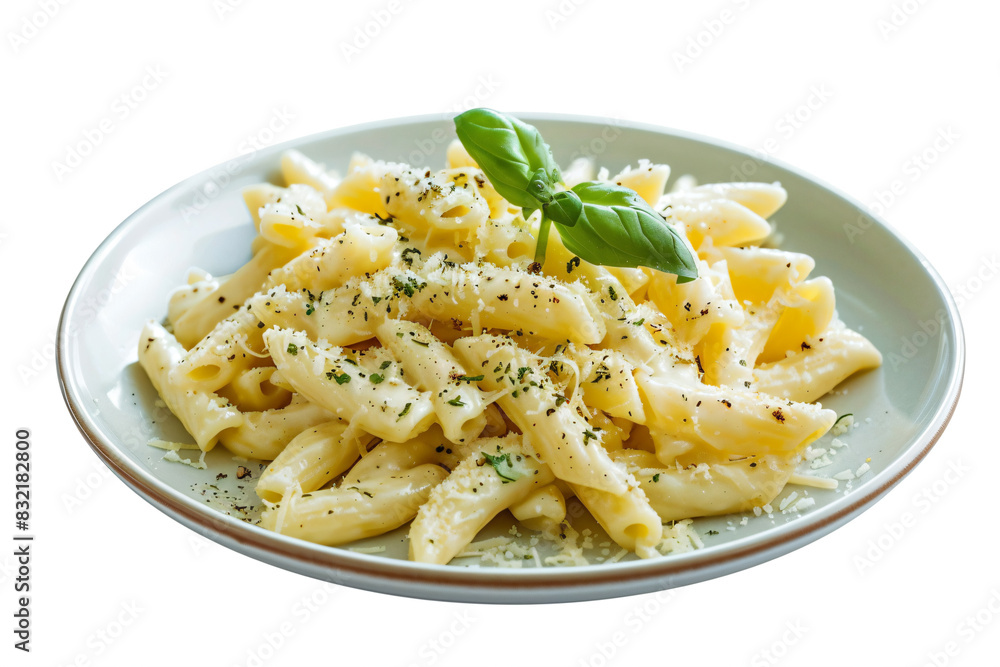 a plate of pasta with a sprig of basil a plate of pasta with a sprig of basil