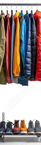 Colorful jackets and shoes neatly arranged. Jackets in various styles and colors hanging above a row of diverse shoes on a white background.