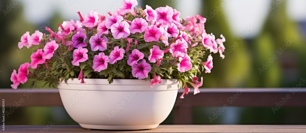 Pink petunia in a white pot outdoors. Creative banner. Copyspace image