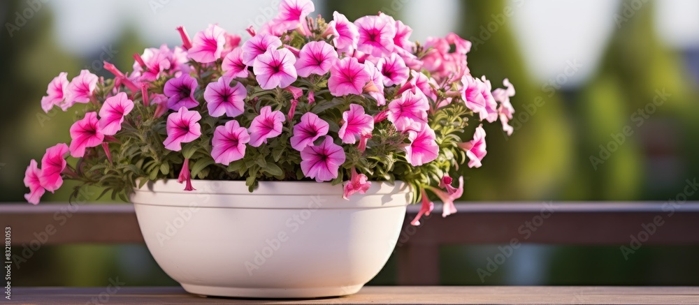 Pink petunia in a white pot outdoors. Creative banner. Copyspace image Pink petunia in a white pot outdoors. Creative banner. Copyspace image