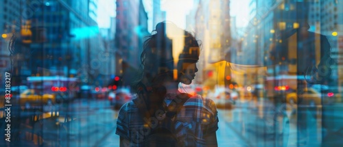 Silhouette of a person with a backpack against a colorful cityscape background, representing urban life and modernity. photo