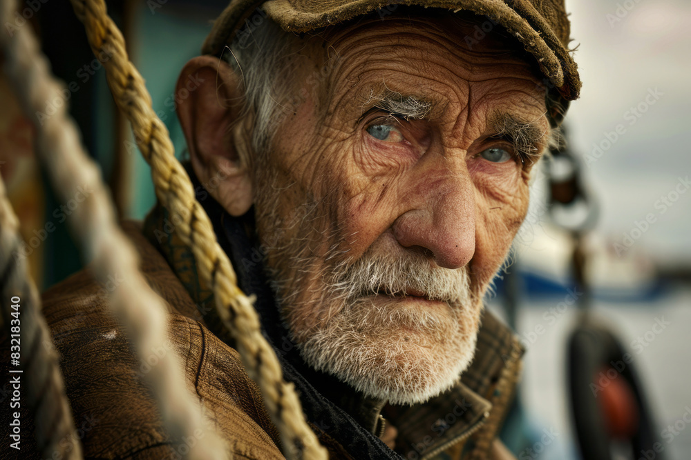 Reflective portrait of an elderly fisherman on a boat