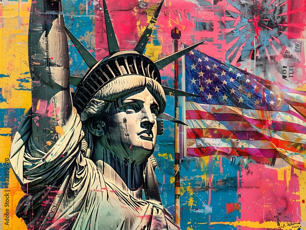 Obraz premium Mixed Media Statue of Liberty with Vibrant US flag art