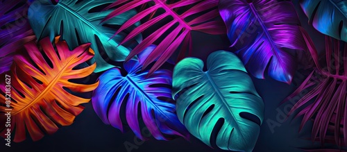 Creative fluorescent color layout made of tropical leaves Flat lay neon colors Nature concept. Creative banner. Copyspace image