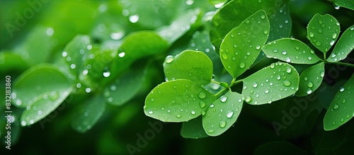Water drops on green leaves In the rainy season shot near the Green Bokeh Subject is blurry. Creative banner. Copyspace image