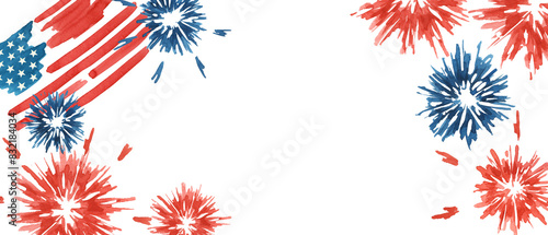 Fourth of July banner. USA flag and fireworks explosions. Independence day national holiday we are closed template. Hand drawn watercolor 4th of July clipart for web announcement, banner, coupon, sale