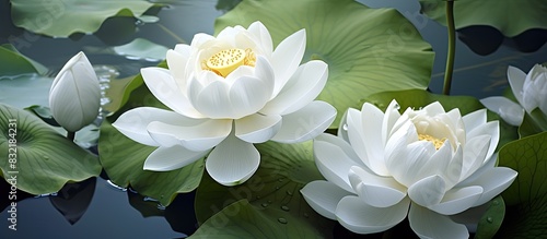 White Lotus flower scientific name Nelumbo nucifera Geartn. Creative banner. Copyspace image photo