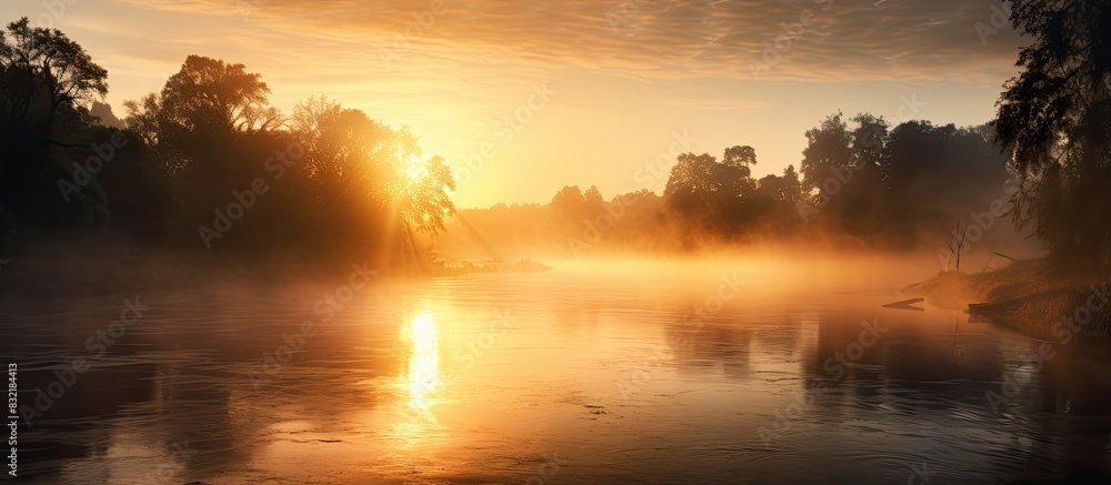sunrise over a foggy river. Creative banner. Copyspace image