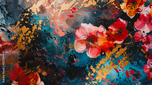Abstract artistic background with colorful flowers and branches