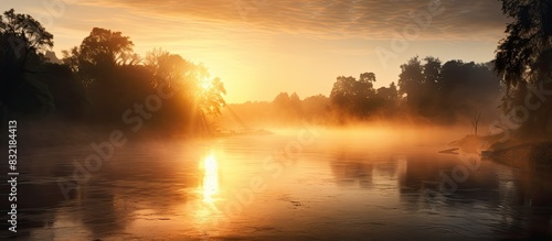 sunrise over a foggy river. Creative banner. Copyspace image