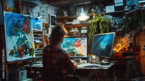 Artist creating digital art with the assistance of AI, colorful and creative studio environment with paintings and vibrant artwork, where a person works intently at a desk under warm lighting.