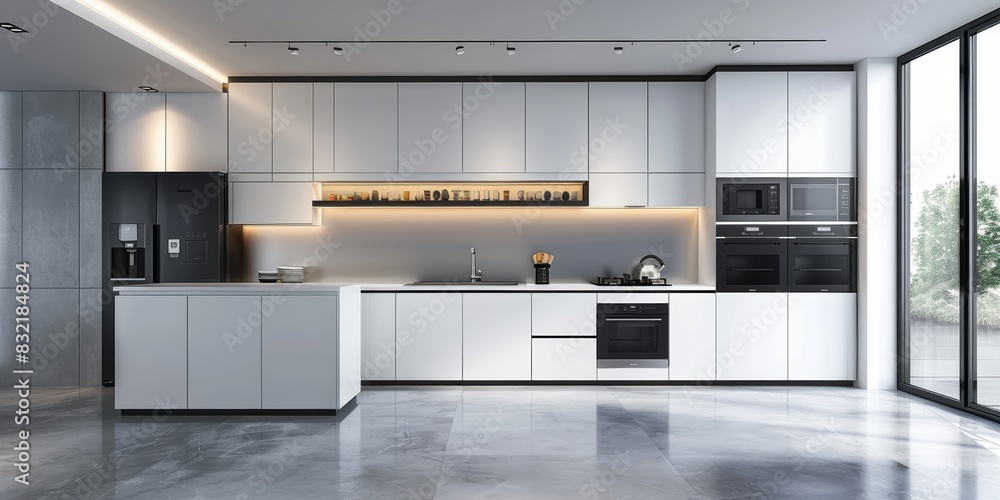 Modern kitchen with smart appliances and sleek design, isolated white background, high detail, culinary innovation
