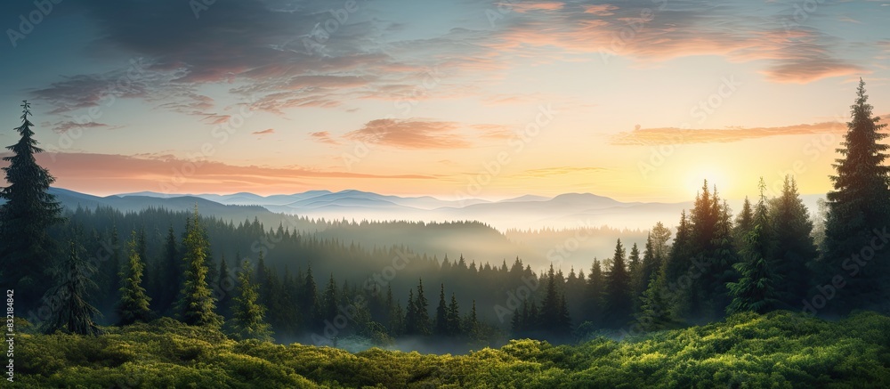 Fototapeta premium Beautiful morning in the forest. Creative banner. Copyspace image