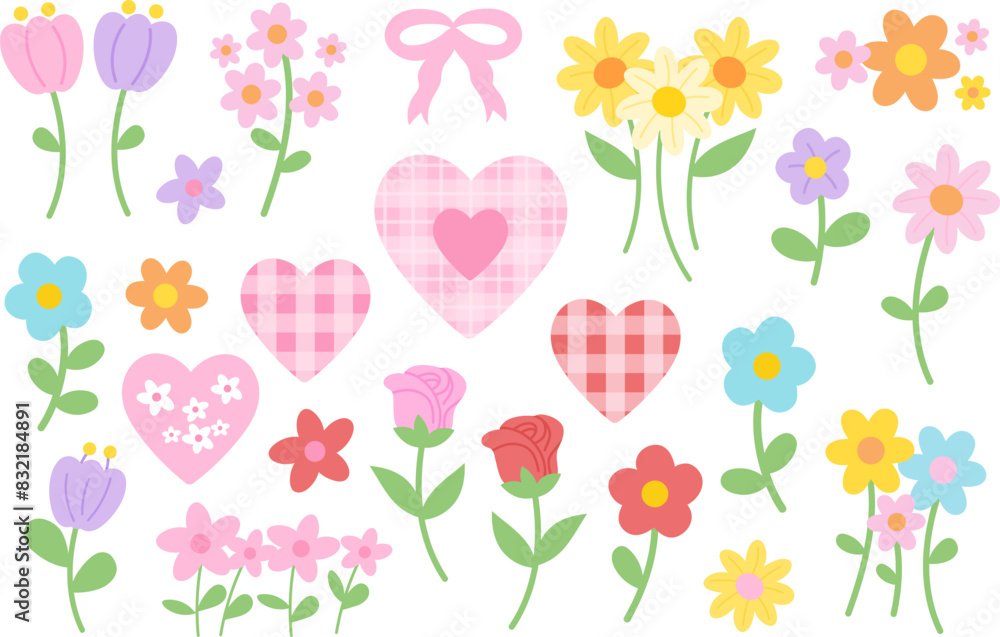 Illustration of tulip flowers, rose, sunflower, heart, pink ribbon for floral print, nature, garden, picnic, spring, summer, blossom, Valentine, card, print, sticker, cute patches, brooch, decoration
