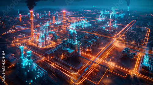 A futuristic industrial cityscape illuminated at night, showcasing glowing factories, power plants, and intricate network of lights.