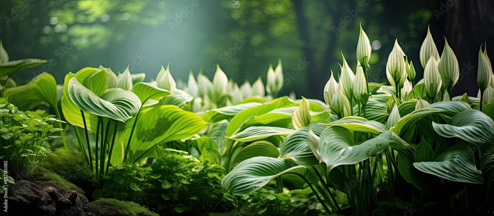 Hosta plantain lilies starts to grow in spring garden. Creative banner. Copyspace image Hosta plantain lilies starts to grow in spring garden. Creative banner. Copyspace image