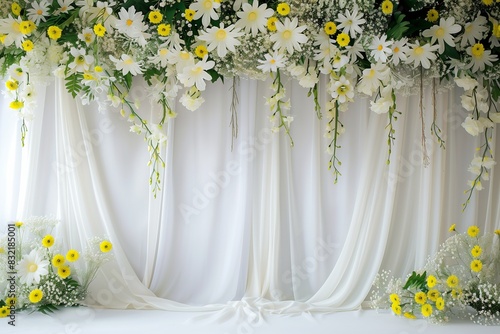 wedding backdrop aesthetic flower decoration white yellow indoor minimalist studio background