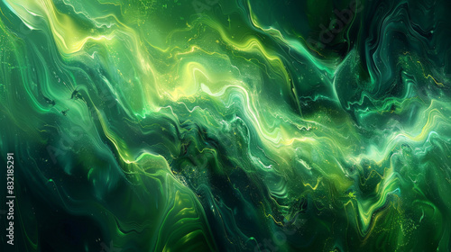 Dynamic abstract art with green and yellow energy waves, creating a sense of movement and vibrant energy.