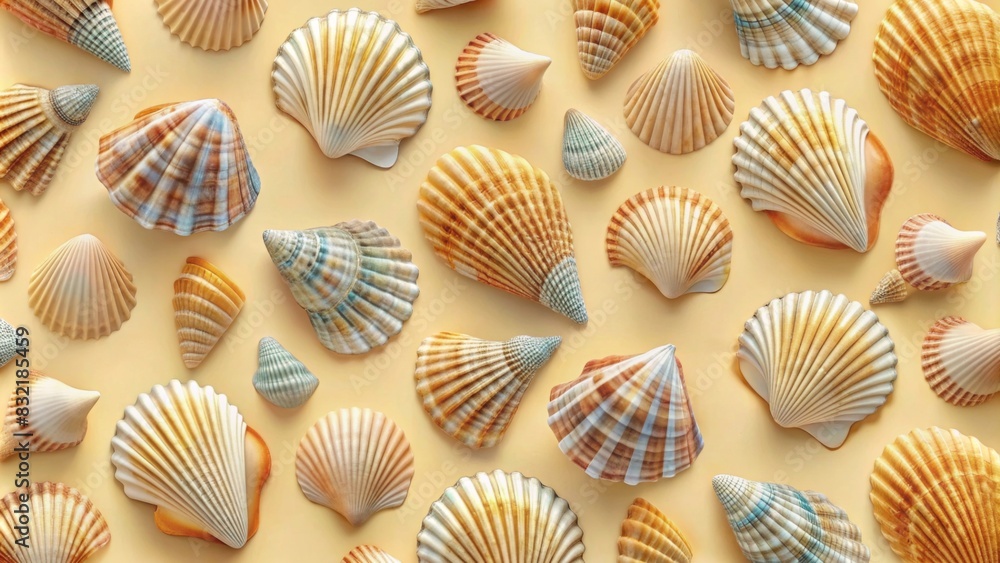 Seashells pattern on beige background, top view. summer concept with seacell objects for your design. flat lay composition Seashells pattern on beige background, top view. summer concept with seacell objects for your design. flat lay composition