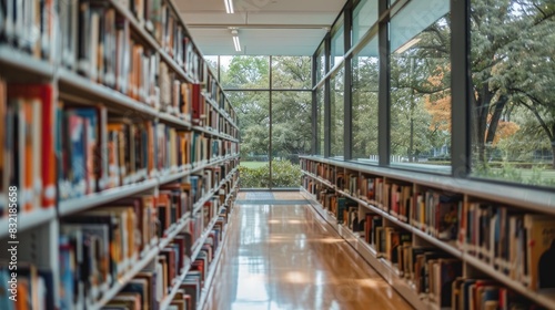 Bright library corridor lined with shelves filled with books, leading to a large window with a view of trees outside.