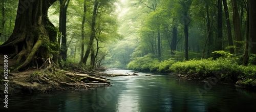 Wild river inside of the forest. Creative banner. Copyspace image
