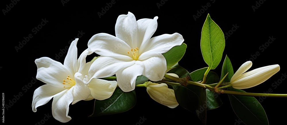 Beautiful pinwheel flower or crape jasmine on black background. Creative banner. Copyspace image