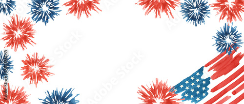 Fourth of July banner. USA flag and fireworks explosions. Independence day national holiday we are closed template. Hand drawn watercolor 4th of July clipart for web announcement, banner, coupon, sale