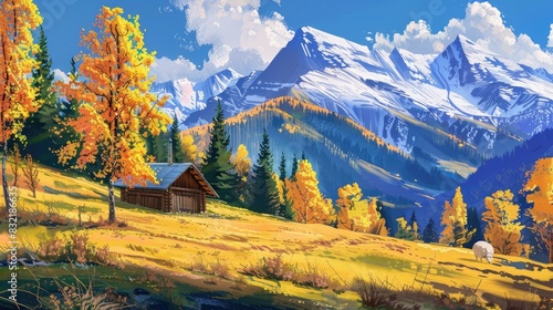 Autumn landscape with golden larches and charming alpine hut on mountain meadow photo