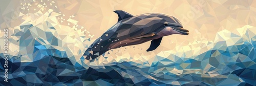 A vibrant and dynamic digital of a low polygon geometric dolphin leaping from the waves with a sense of playful energy and movement The abstract polygon based design creates a visually striking and photo