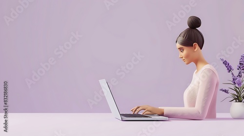 3D woman character typing on a laptop, with a plain lavender background and a stylish, modern workspace