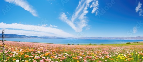 Beautifull flower grass and blue sky. Creative banner. Copyspace image