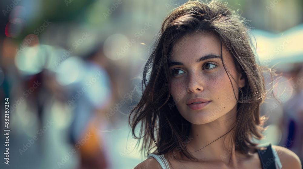 Fototapeta premium Candid portrait of beautiful woman in outdoor urban setting