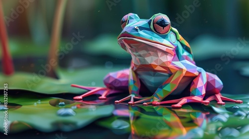 Captivating digital of a low poly geometric frog design sitting on a lily pad with a vibrant colorful palette The amphibian creature is rendered in a modern stylized aesthetic with a playful and