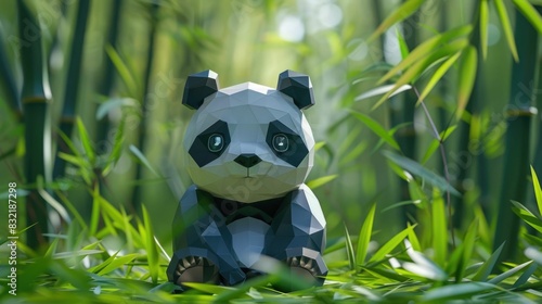 Low poly polygonal panda statue in a serene natural setting surrounded by lush bamboo stalks and foliage The adorable minimalist figure creates a peaceful zen like atmosphere