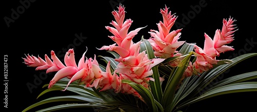 Pink bromeliads flower The bromeliads are a family of monocot flower plants or Aechmea fasciata. Creative banner. Copyspace image photo