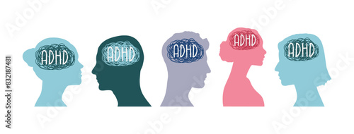 ADHD Attention disorder vector illustration of humans heads silhouette with messy lines of thinks. Mental disorder icon set