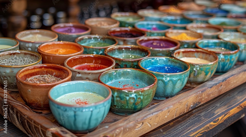 Fototapeta premium Colorful ceramic bowls with walnut finish vibrant kitchen decor collection for a stylish touch