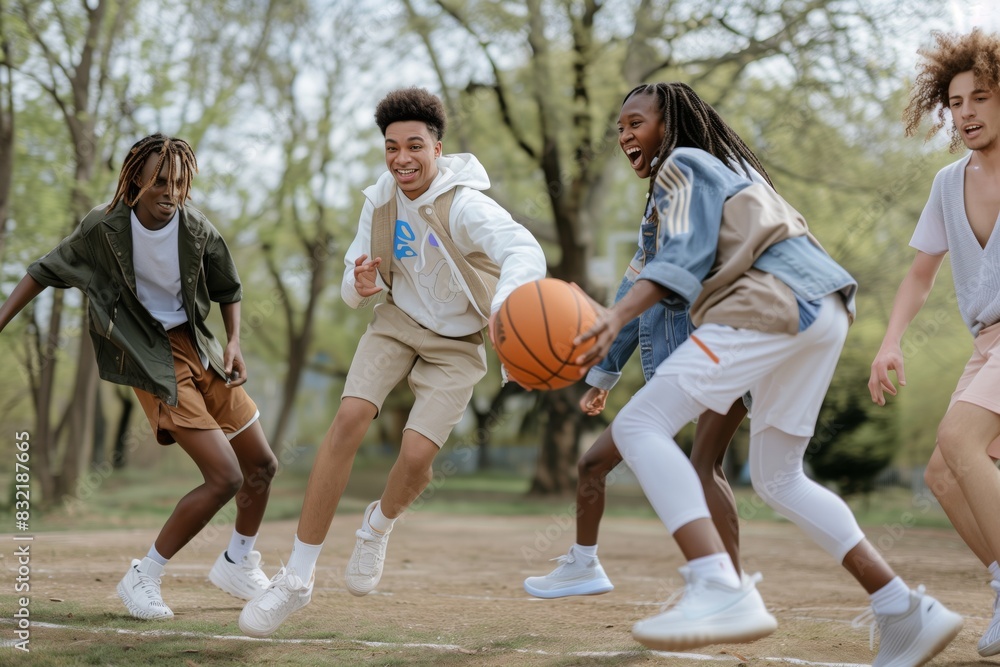 Young Multiracial Group Playing Basketball Outdoors Stock Photo | Adobe ...