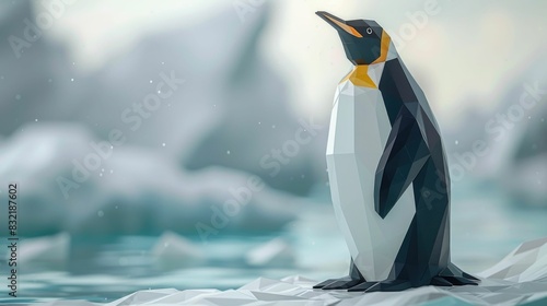 Geometric low polygon penguin model standing on an icy iceberg in an arctic snowy landscape The penguin s distinct tuxedo like black and white markings are clearly defined in this minimalist abstract photo