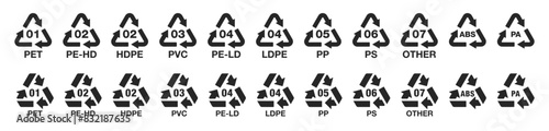 Set of plastic recycle icon collection isolated on a transparent background. Ecological codes marks and zero-waste mindset. Set of recycling symbols for plastics. Vector illustration