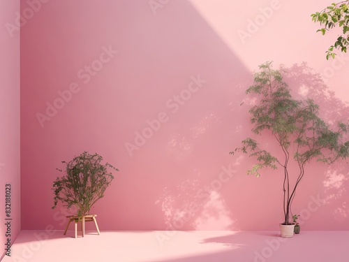 a pink  wall with a minimalist light background and a hazy shadow of vegetation. lovely backdrop for the presentation.