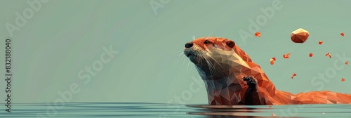 A low poly digital representation of a playful otter floating on its back and juggling a polygonal stone in serene calm waters The minimalist geometric style creates a surreal and contemplative photo