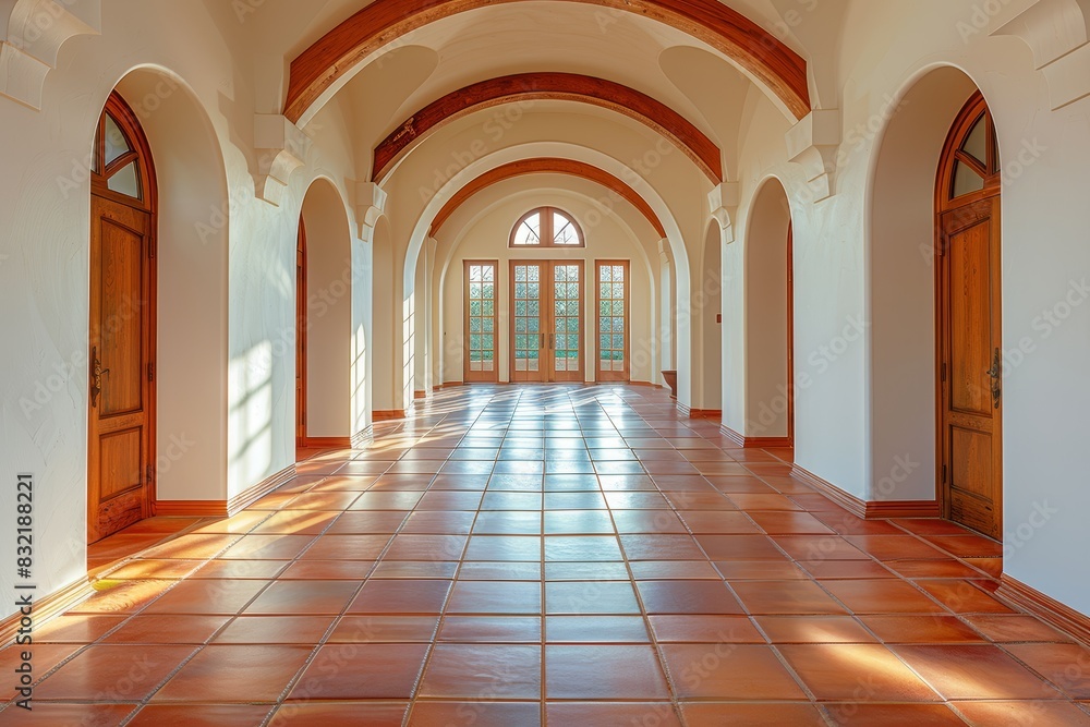 Mediterranean hallway with arched doorways and tiled floor, isolated white background, high detail, classic elegance