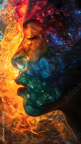 The process of soul transmigration unfolds with elaborate precision, as souls weave through the intricate tapestry of existence, Face Illustration Light Head Fractal Fantasy Background photo